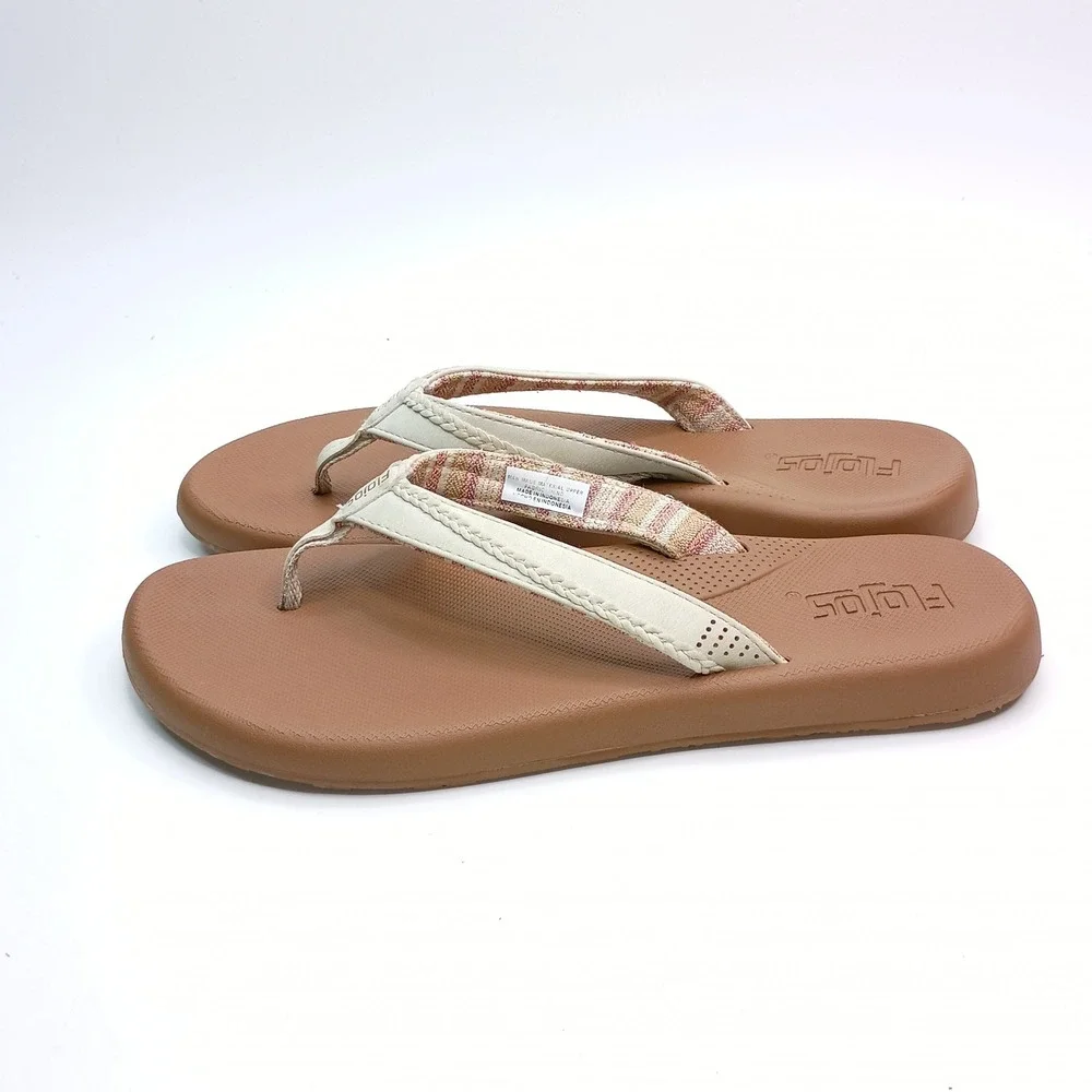 Flojos Fiesta Flip Flop Sandals Women Size 7 Tan Cream Woven Fabric Lining